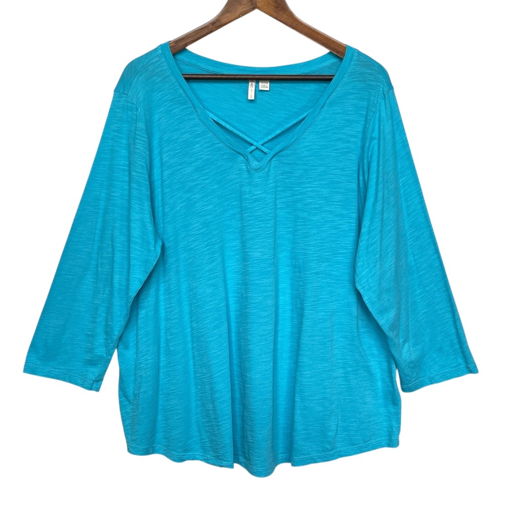 Cato Women 18/20W Turquoise 3/4 Sleeve V Neck Criss Cross Casual Top